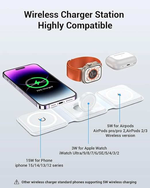 Wireless Charger 3 in 1, Magnetic Foldable Wireless Charging Station for iPhone 14 Pro Max/ 14/13 Pro Max/13/13 Mini /12 Pro Max/12/11 Pro Max/X/Xs Max/8/8 Plus, AirPods 3/2/pro, iWatch Series 9/8/7/6/5/SE/4/3/2, and Samsung Phones (White or Black), USB